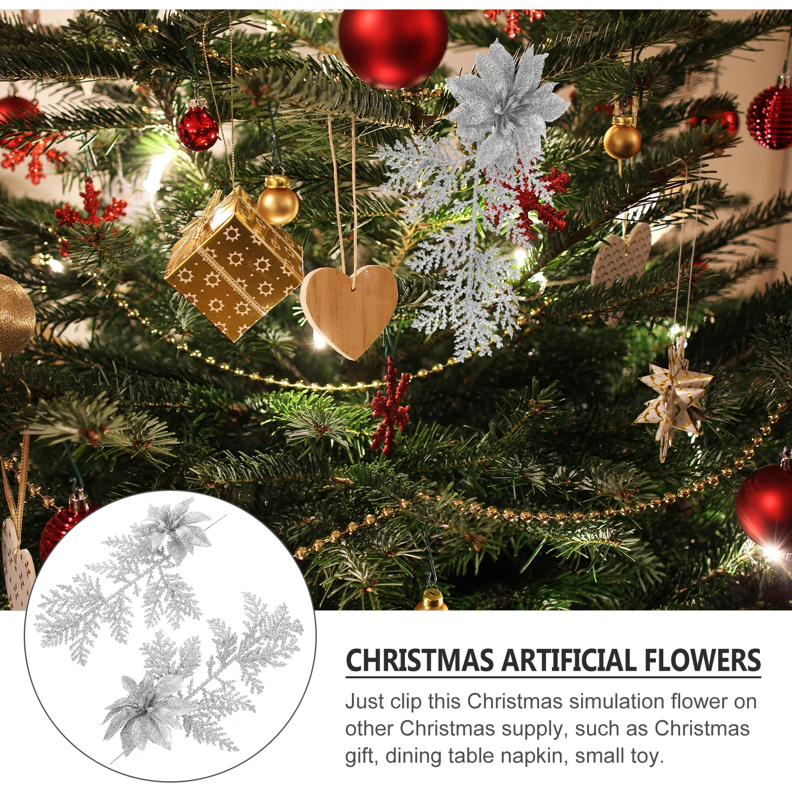 

6Pcs Glitter Artificial Christmas Flower Pine Branches Clip for Xmas Tree Stair Handrail Table Decoration Glitter Fake Flower