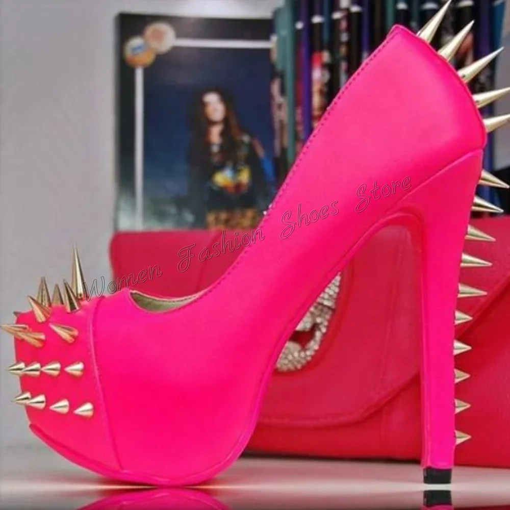 Rose Red Platform Rivet Decor Pumps Stilettos High Heels High Heel Shoes for Women Fashion Heels 2025 New Zapatos Para Mujere