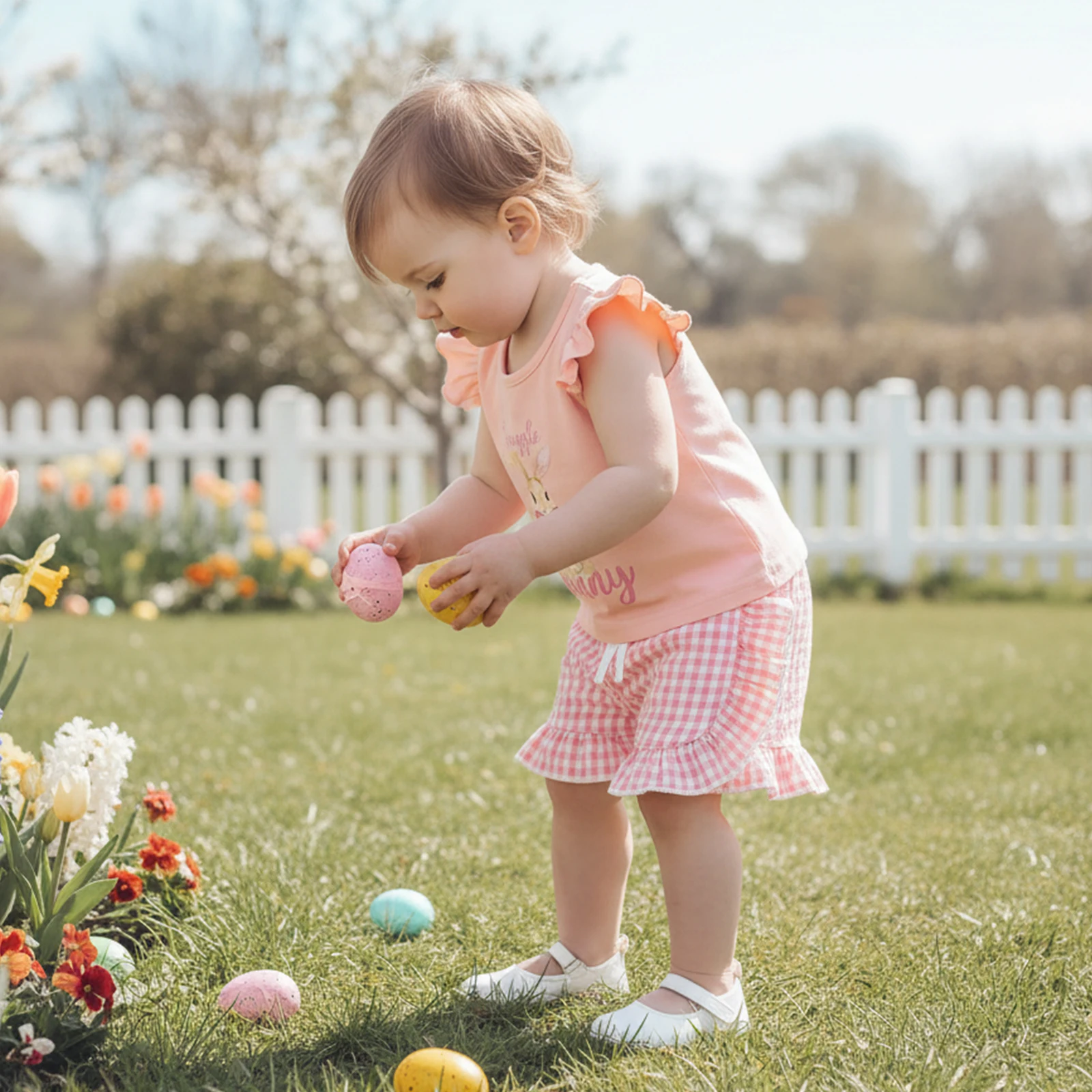 Toddler Girls 2Pcs Easter Outfits Flying Sleeve O-Neck Letter Bunny Print T-shirt Tops and Ruffled Plaid Shorts Sets