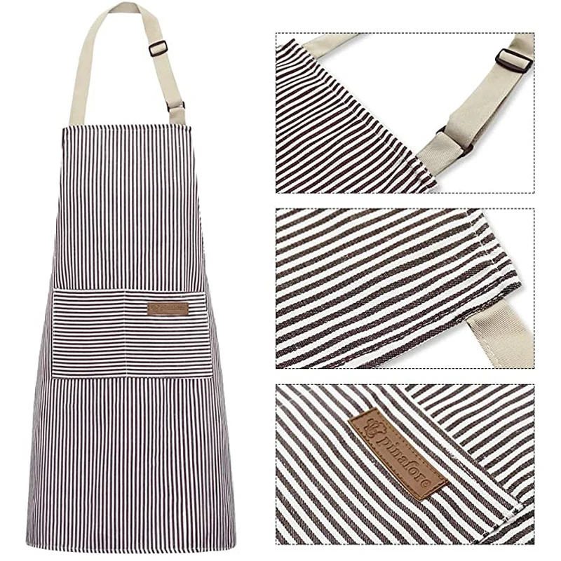 

High Quality Buckle Adjustable Polyester Cotton Kitchen Apron Baking Apron Stripe Aprons With 2 Pockets