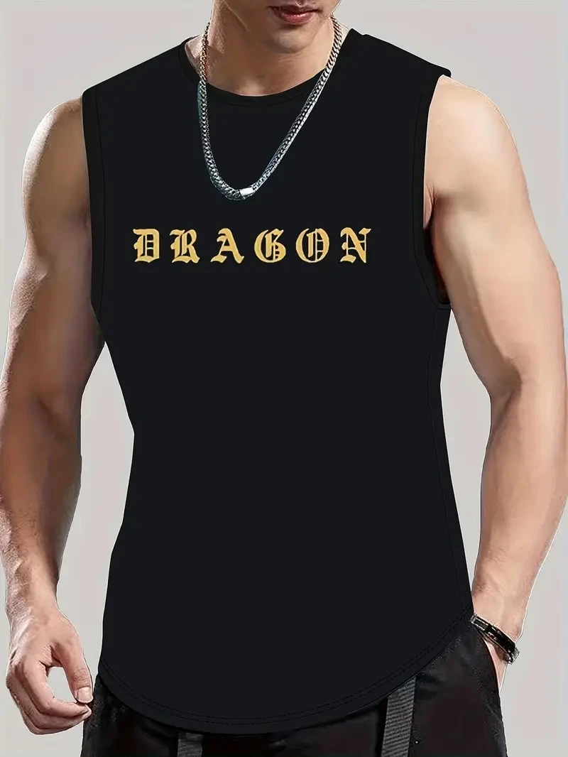 Green Dragon Printed Sports Vest Men\'s Loose Summer Fashion Fitness Sleeveless Shirt Men\'s Vintage Oversized T-Shirt