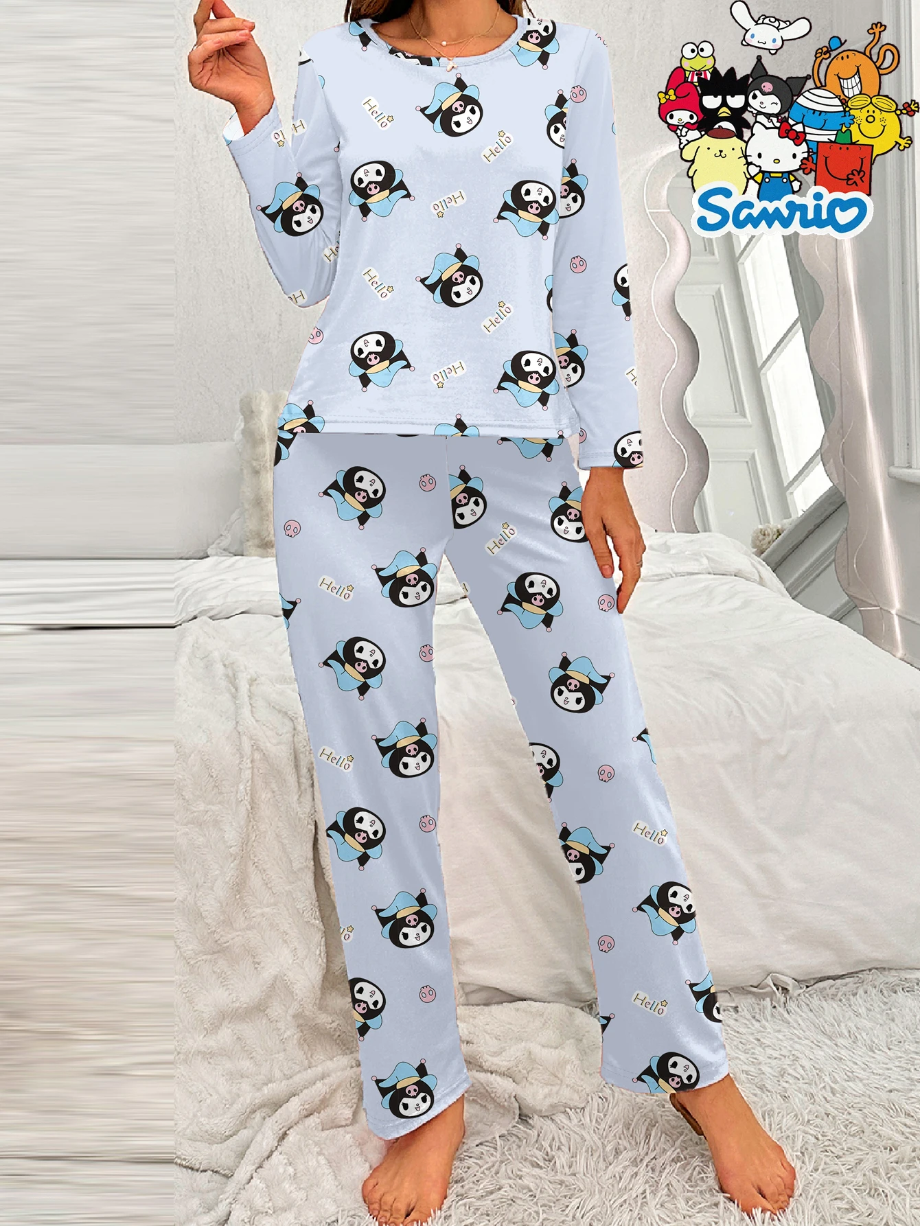 Sanrio calças de manga comprida Kulomi gola redonda desenho animado fofo pijama casual conjunto de roupa de dormir