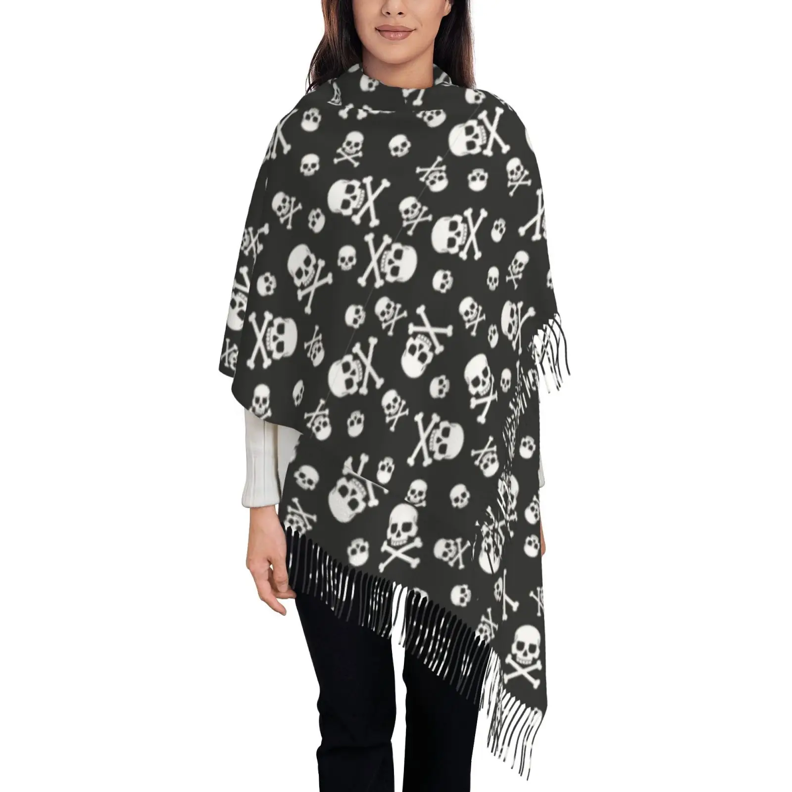 Skull Crossbones Print Tassel Scarf for Women, Soft Thick Winter Warm Shawl Wrap, Halloween Party Daily Outerwear