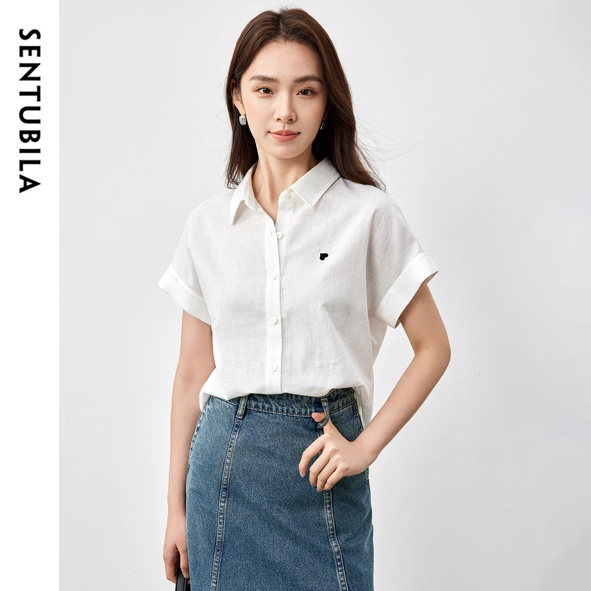 SENTUBILA Women Short Sleeve White Shirt 2025 Summer Cotton Blend Casual Embroidery Blouses Top Office Wear Clothing 152C59033
