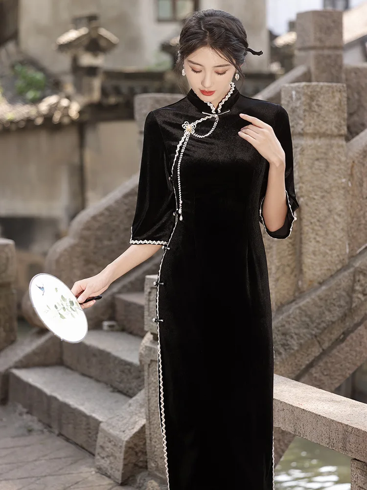 

FZSLCYIYI Black Vintage Flare Sleeve Velour Women Qipao Chinese Mandarin Collar Femme Cheongsam Dress