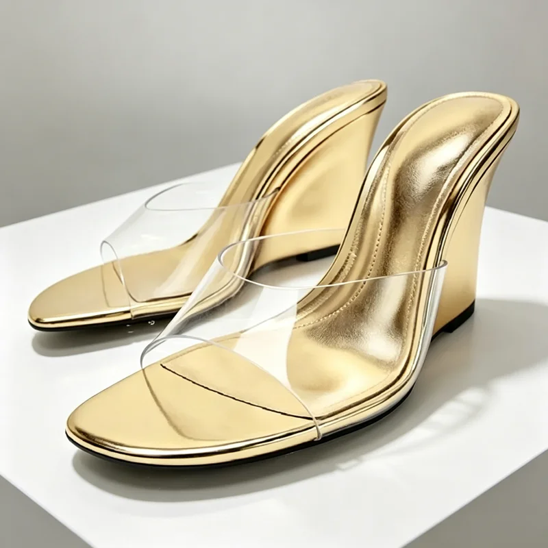 Luxury Laminated Wedge Sandals Women Sexy Vinyl-effect Front-strap Slide Sandals Elegant Open-toe Designer High-heeled Slippers