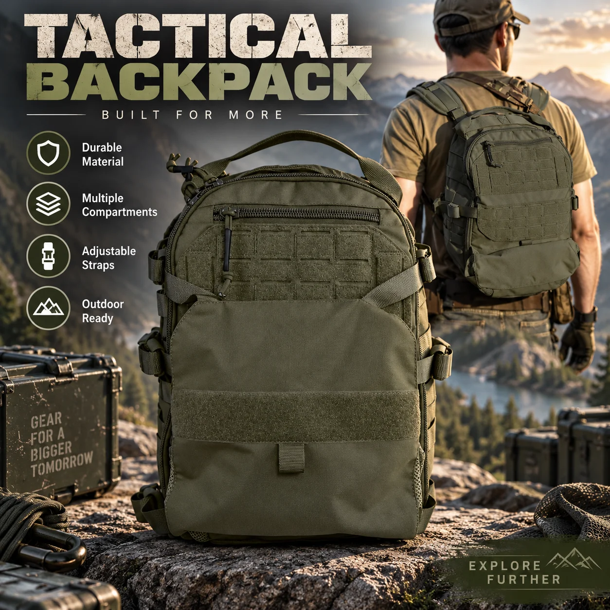Tactical Backpack MOLLE Modular Camouflage Daypack Breathable Back Panel Multi Pocket Storage Bag for Outdoor Hiking Training