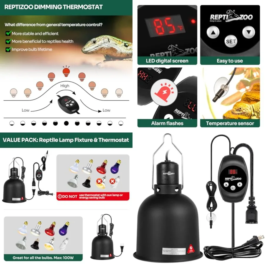 Reptile Light Fixture Dimming Thermostat Combo Pack, 5.5 Inch Deep Dome Lamp Fixture Max 100W, PID Reptile Thermostat Temperatu