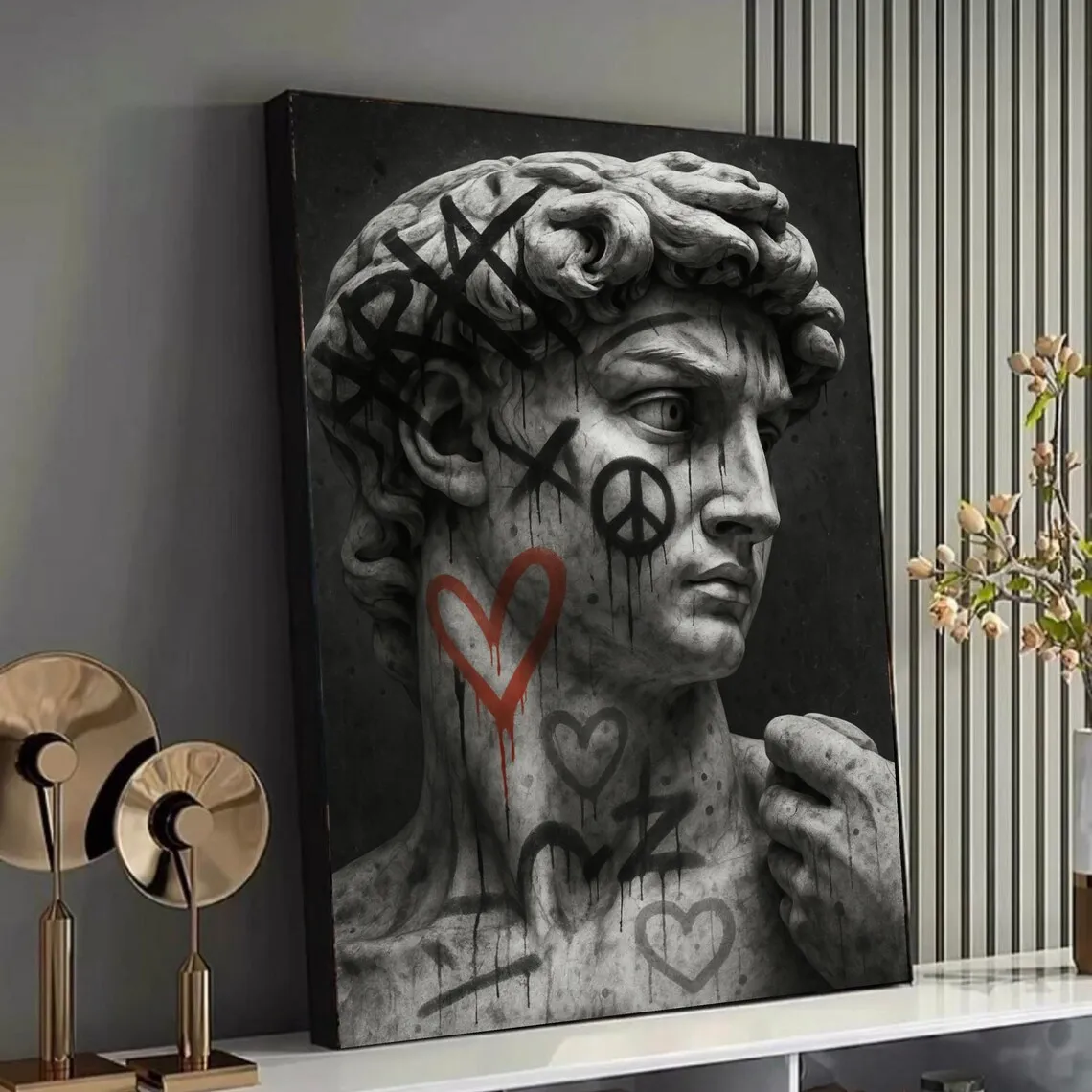 Modern David Statue Canvas Prints, Neon Pink Street Pop Art, Renaissance Sculpture Canvas Painting, Urban Home Decoration