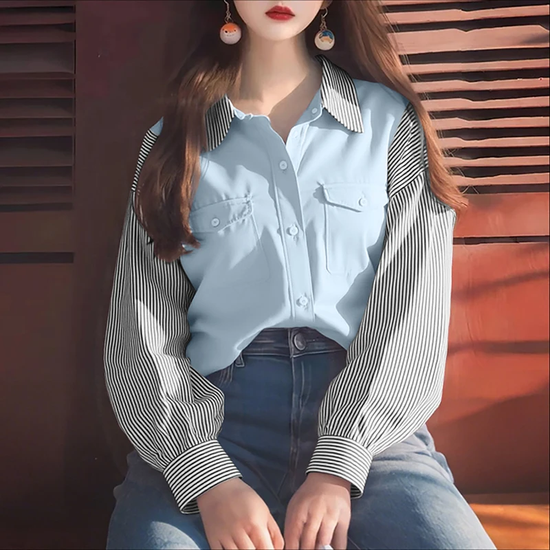 

ZANZEA Fashion Striped Shirts Women Long Sleeve Elegant Office Lady Blouse Autumn Lapel Patchwork Casual Loose Vintage Tops