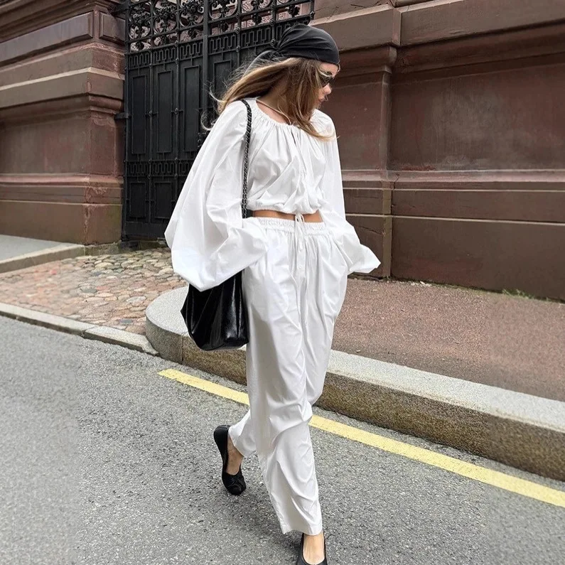 

Elegant White Autumn Women 2 Piece Sets Square Neck Drawstring Puff Sleeve Female's Blouse Elastic Waist Straight Pants For Lady