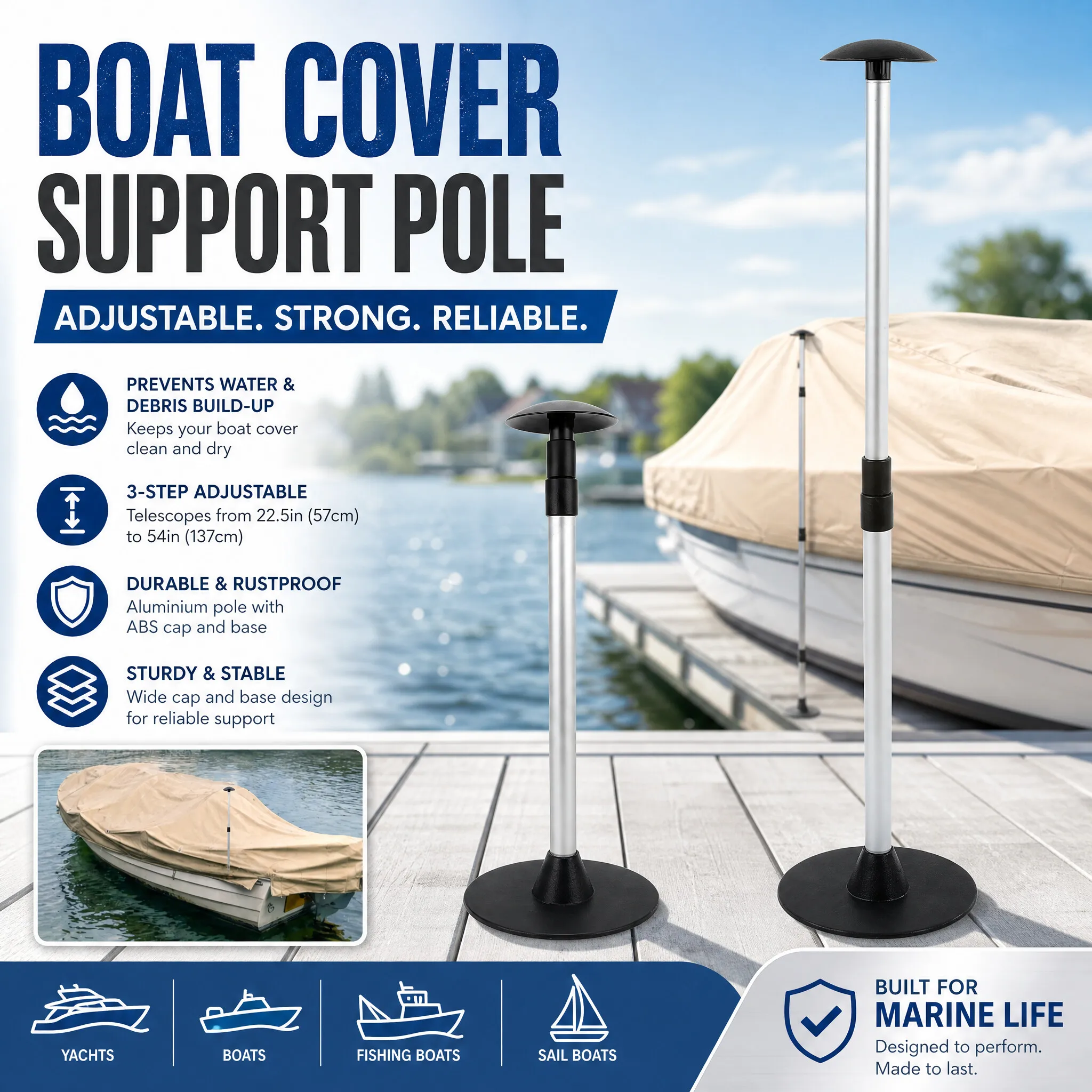 Boat Cover Support Pole 3 Steps 22.5in‑54in Adjustable Aluminium ABS for Yachts Fishing Sailboat Boat Cover Stand Pole