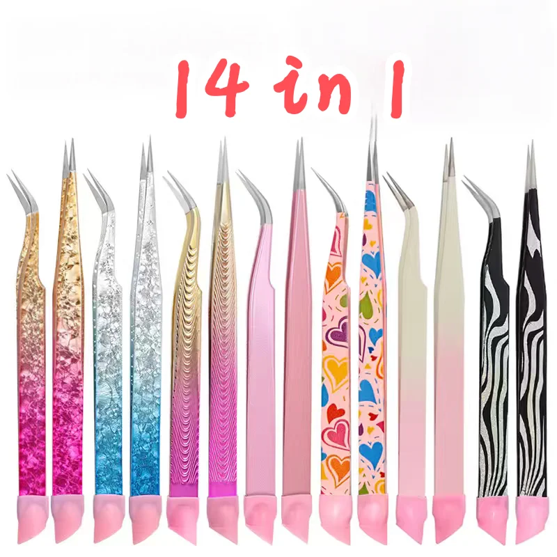 JCAC 14 In1 Kawaii Miniature Sticker Tweezers Set, Holographic Dual-Tip, for Journal Scrapbooking DIY