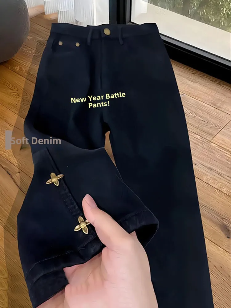

Bla Straight Leg Jeans Women's Casual High Waist Zipper Fly Autumn Winter Faion plus Size Slimming Nine-Piece Pants