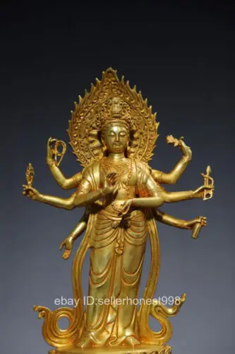 Tibet Copper Gilt 8 Arms Avalokitesvara Kwan-Yin on lotus throne Statue 40cm