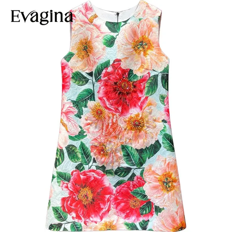 Evagina Vintage Print Nail Bead Jacquard Loose Waist Mini dress 2023 Spring Summer New Women's Sleeveless Holiday Dresses