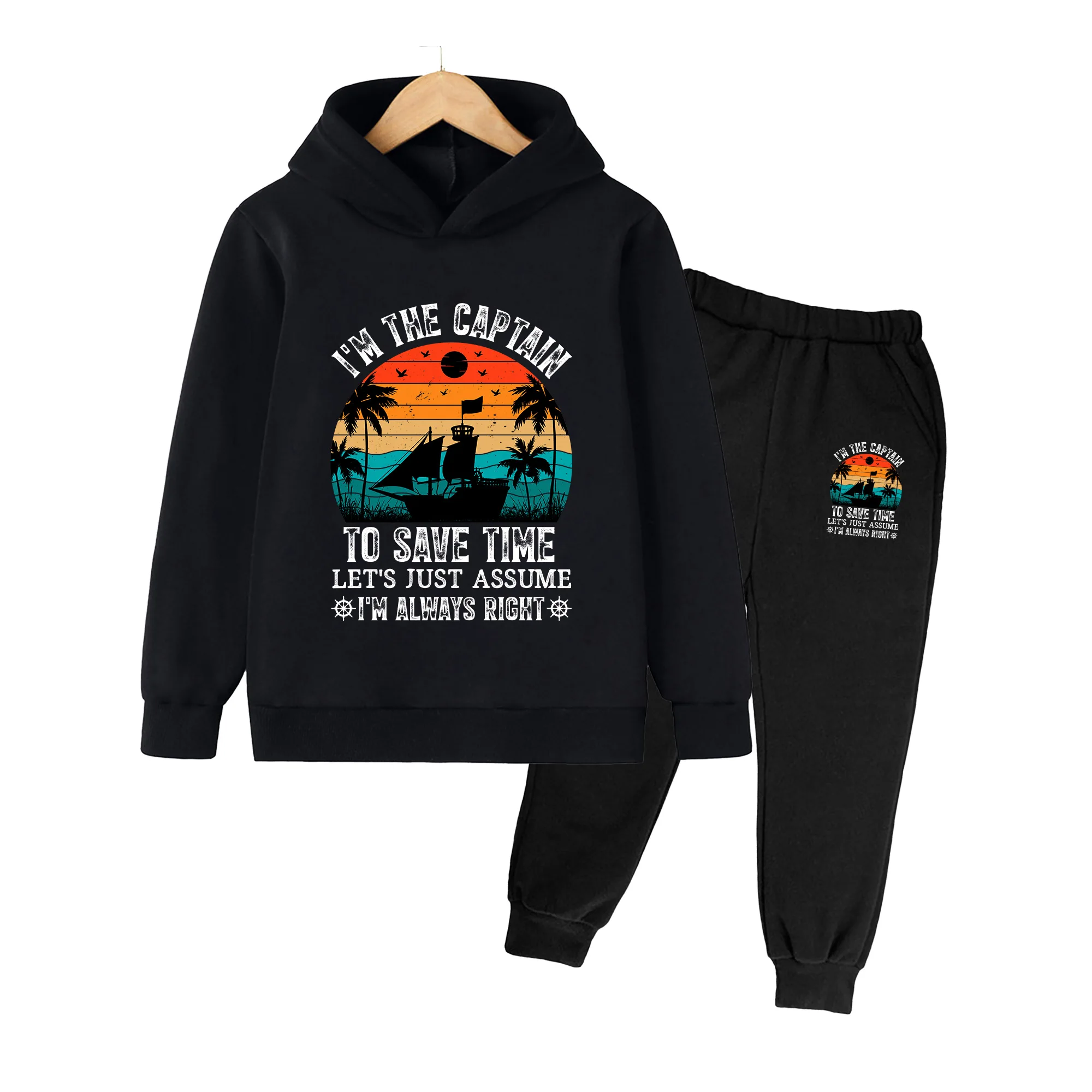 Kids Hoodie and Sweatpants Set, Vintage Sailboat Sunset Print, Casual Sportswear for Boys Girls, Beach Vacation Outfit