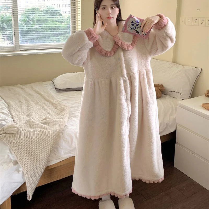 Ruffle Robe for Women Sleepwear Nightdress Winter Night Wears Warm Fleece Pajama One Piece Nightgown Button Long Sleeve Homewear