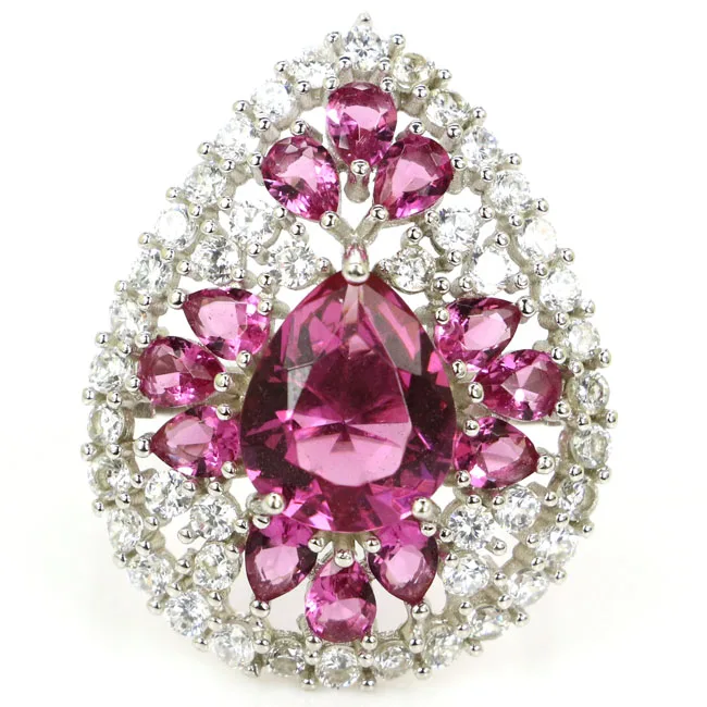 

925 Sterling Silver Rings 28x22mm Big European Design 5.8g Blue Aquamarine Pink Tourmaline Blue Topaz CZ Dating