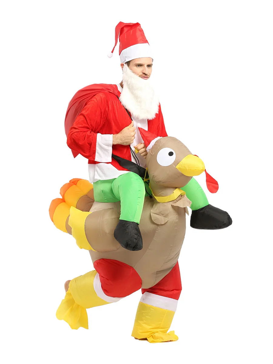 JYZCOS Christmas Inflatable Turkey Costume Adult Mascot Turkey Ride Santa Claus Cosplay Outfits Thanksgiving Day Show Dress Up