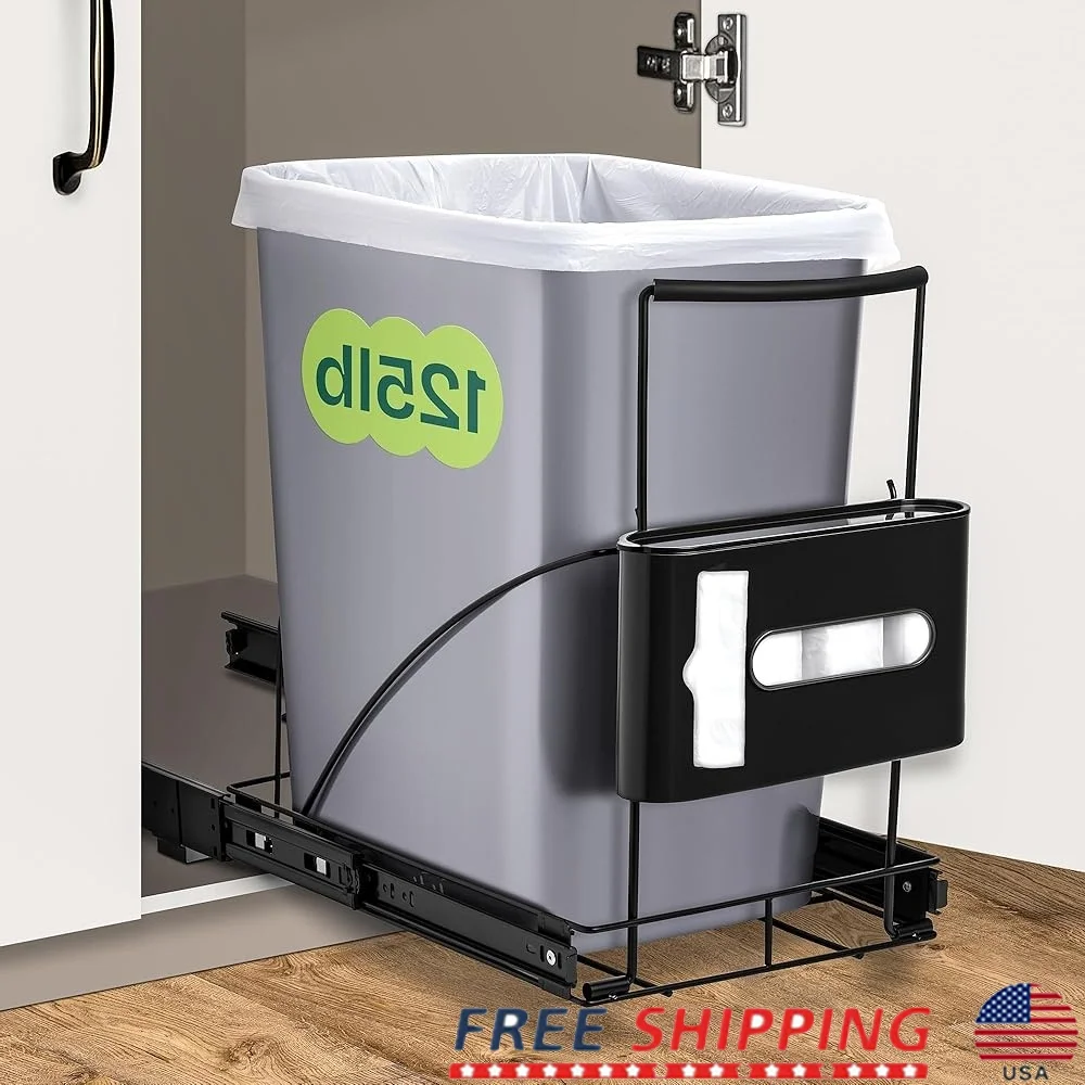 

Pull Out Trash Can Under Cabinet Slider Kitchen Waste Bin with Trash Bag Holder Easy Installation Durable Carbon Steel 30-40