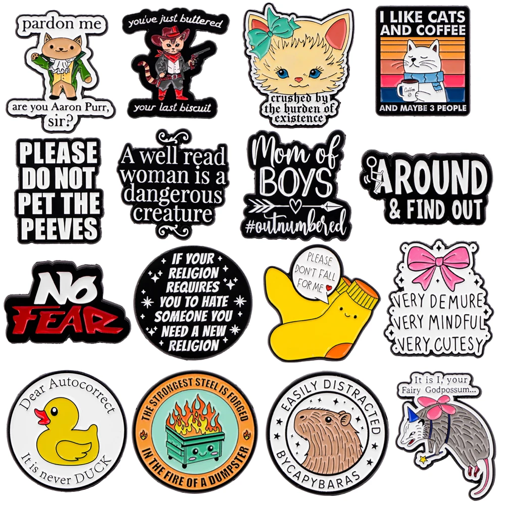 

Cute Cartoon Cat Quotations Series Lapel Pins for Backpacks Soft Enamel Pin Brooch for Clothes Bags Men Badges Accessories