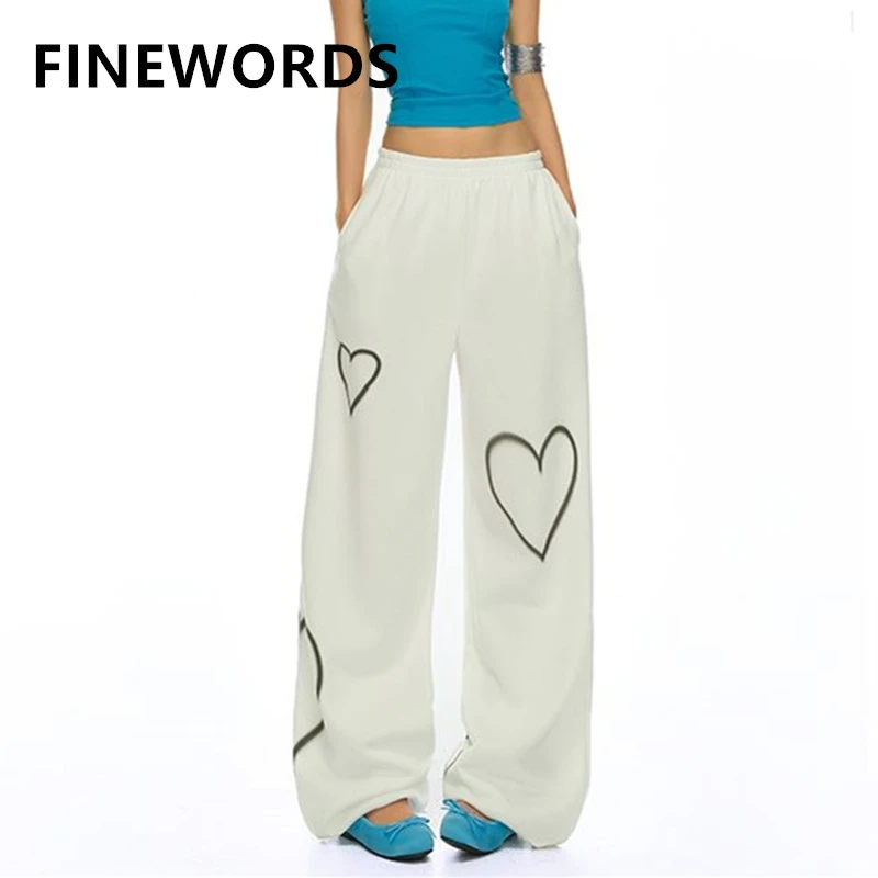 

FINEWORDS Vintage Casual High Waist Heart Printed Pants Women Loose Easymatch Daily Pant Korean White Wide Leg Pants
