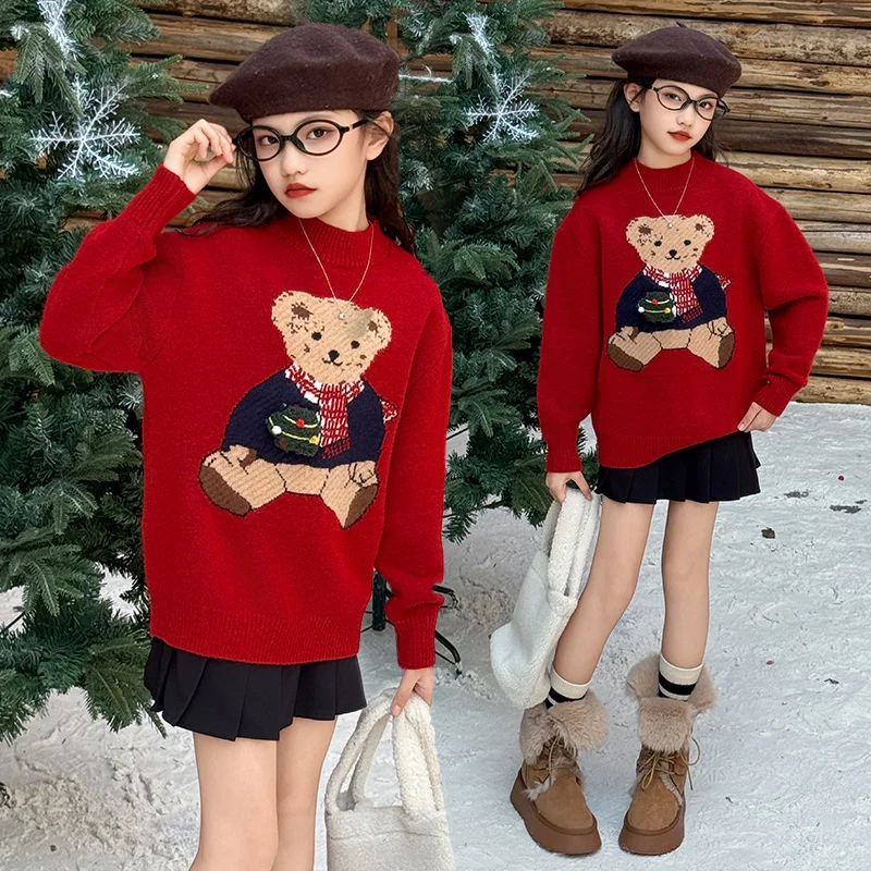 teenage girls cartoon Bear Sweater junior kids Red New Year Knitted Top Christmas children clothes 4-14 pulls enfant