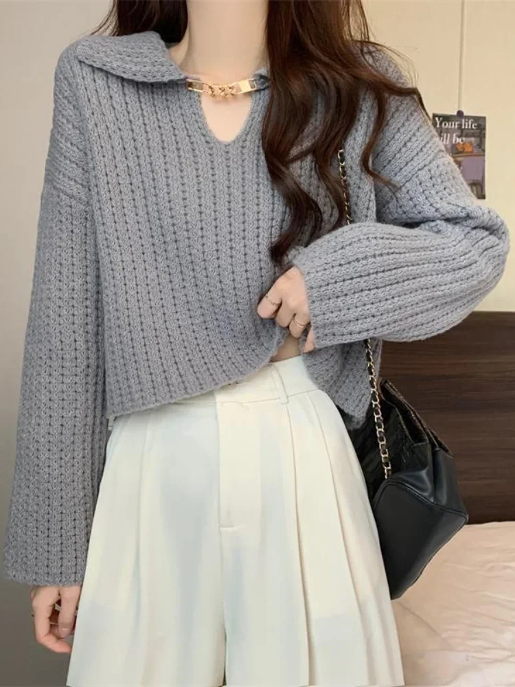 Jersey corto holgado de manga larga con cuello vuelto, Jersey informal de moda dulce, prendas de punto de viento para Otoño e Invierno 2025