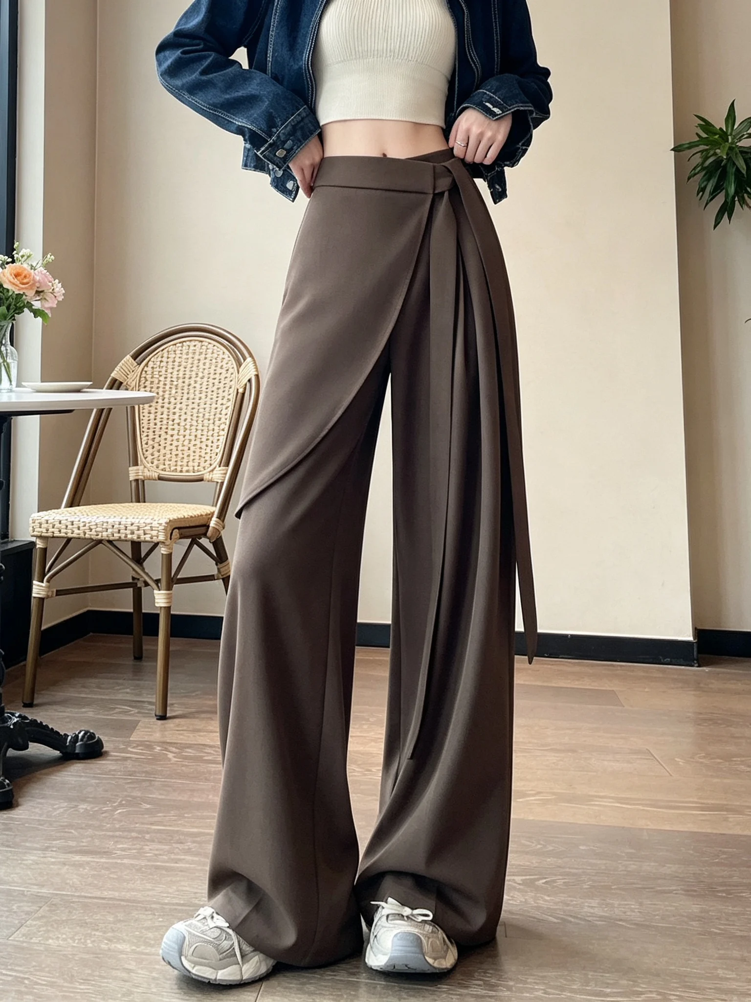 High Waist Straight Leg Floor Length Pants Women's Spring Autumn Winter Casual Trousers Skirt Style High Waist Asymmetrical Belt