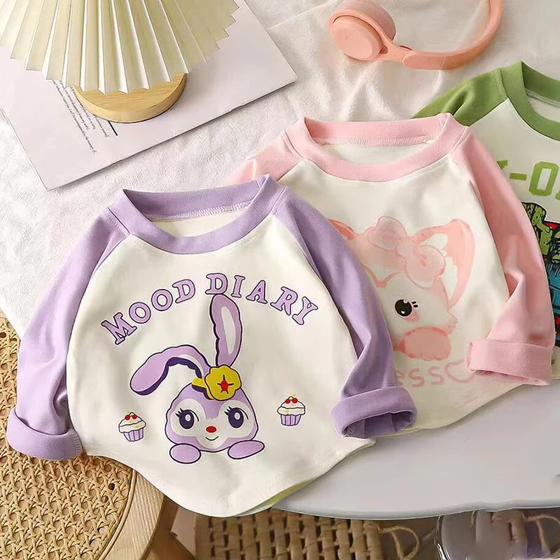 

Детская бархатная футболка с длинными рукавами для девочек, осенне-зимние новые лоскутные базовые топы с героями мультфильмов, модные детские футболки с круглым вырезом и надписью