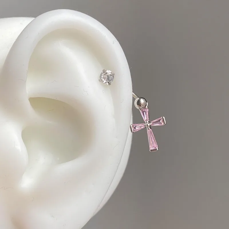 1PCS Pink Cross 316L Stainless Steel Annular Ear Bone Nail Zircon U-shaped Earrings for Women Y2K Punk Jewelry Gift