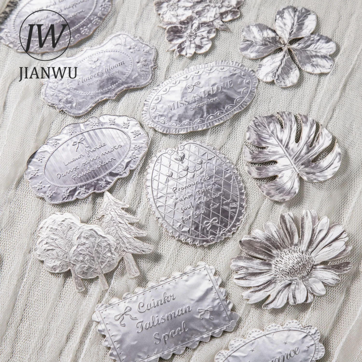 JIANWU Vintage Silver Flower Tree Animal Label Relief Landscape Material Collage Scrapbooking Sticker Journal Stationery