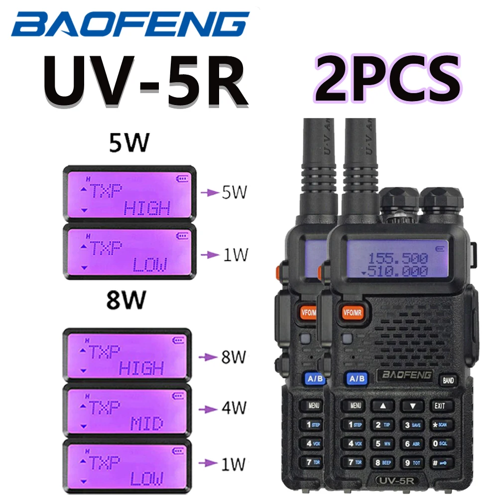 Baofeng 휴대용 워키토키 모바일 트랜시버, UV-5R 5 W, 8W, 1800mAh, 136-174, 400-480Mhz, 2 개
