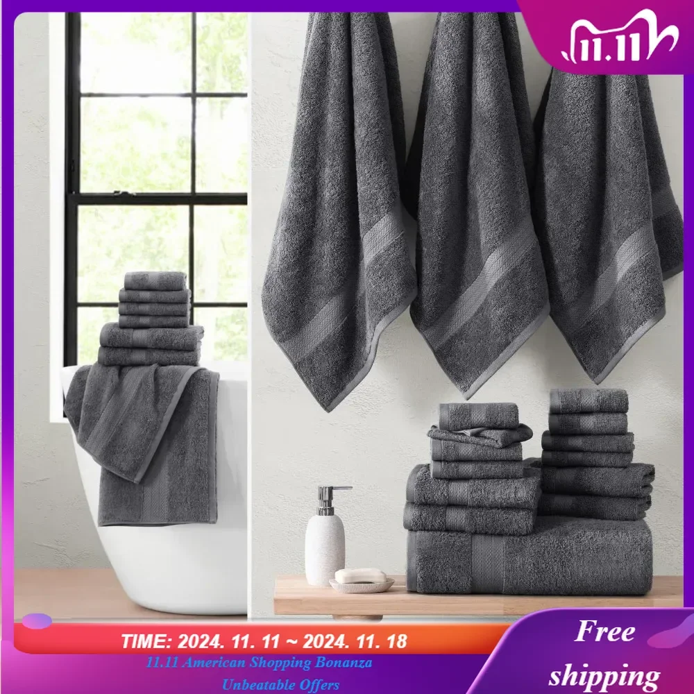 

Absorbent Towels for Bathroom, 4 Large Bath Towels, 2 Bath Sheets, 6 Hand Towels, 8 Wash Cloths, 4 Fingertip Towels - Cool Grey