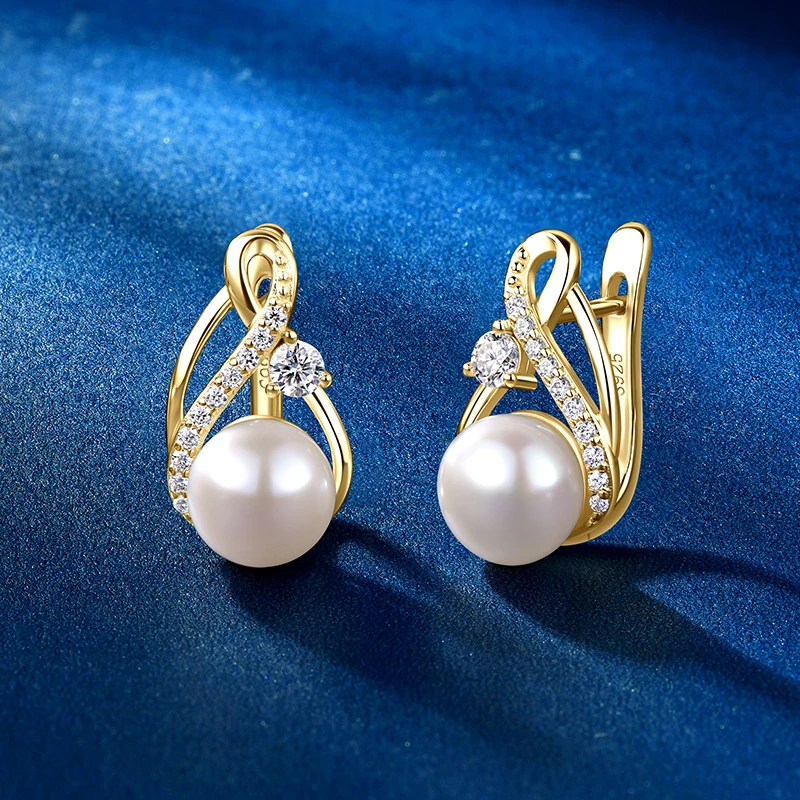 Anziw Vintage 7.5-8mm Freshwater Pearl Moissanite Hoops Earrings Silver 925 Sterling Wedding Engagement Jewelry for Women Gifts