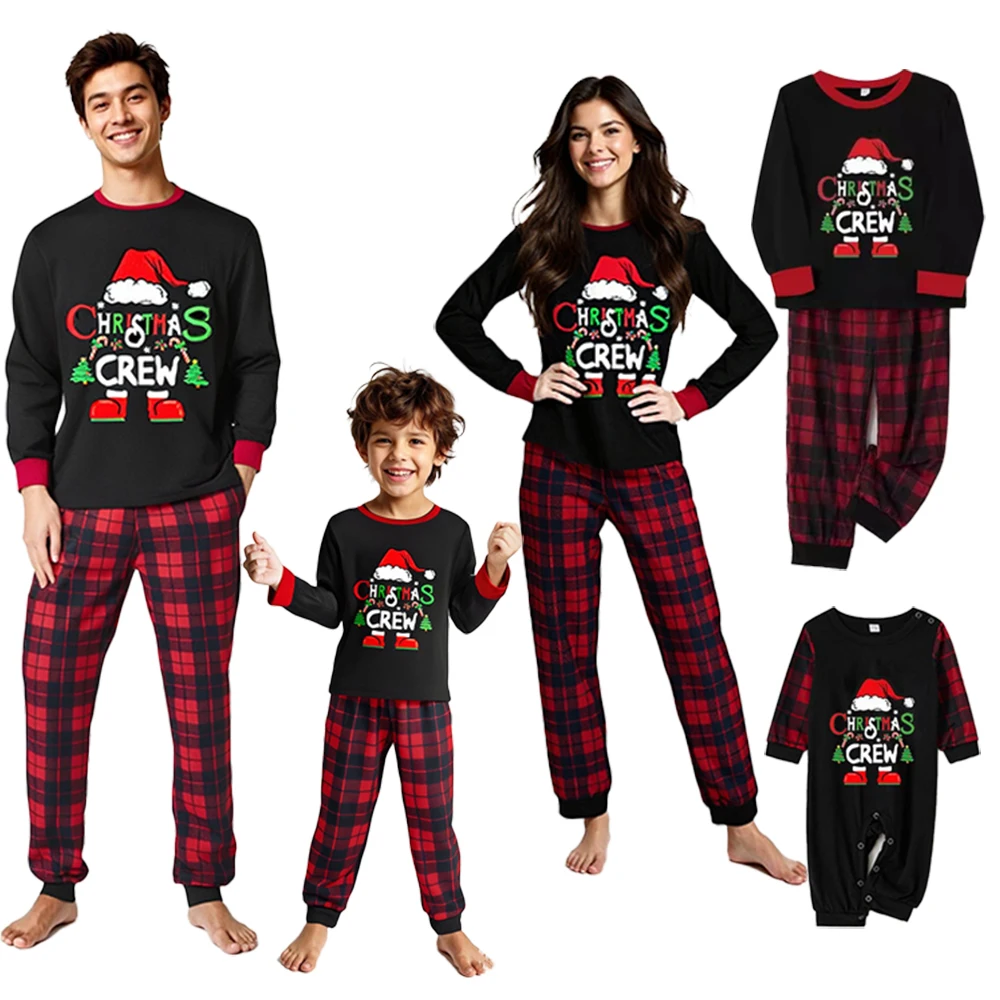 

2025 Новогодний Рождественский карнавальный костюм, пижама, 2 шт., шляпа Санта-Клауса, пижама с принтом, домашняя одежда, осенне-зимняя одежда для дома