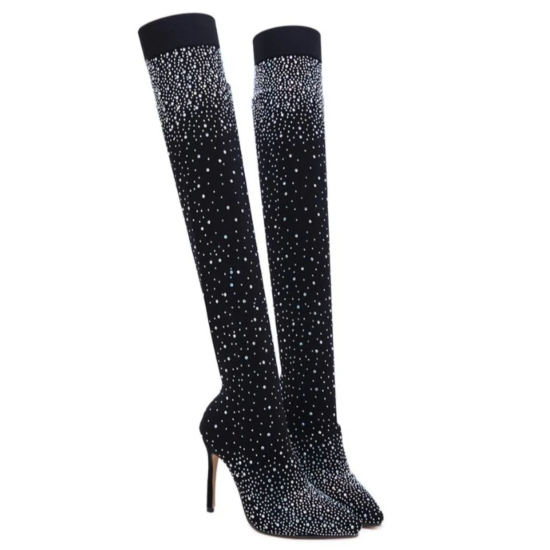 Sexy Rhinestone Long Socks Women Over The Knee High Boots Thigh High Heel Boot Pointed Party Ladies High Heels Bling Woman Pumps