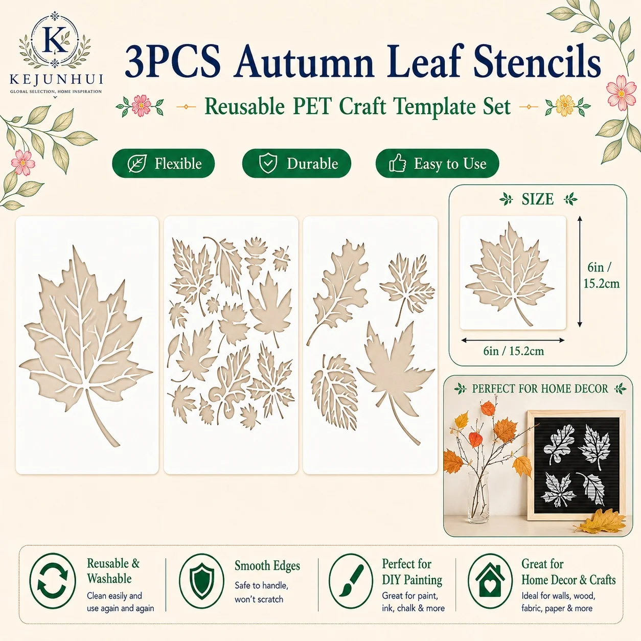 3PCS Maple Leaf Stencils Square Leaves Painting Stencil Autumn Plants Stencil PET Drawing Template for Home School Office Wall