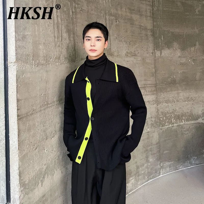 HKSH Autumn Winter New Men's Tide Punk Fashion Large Collar Contrast Color Open Stitch Knitted Sweater Casual Chic Coats HK3258