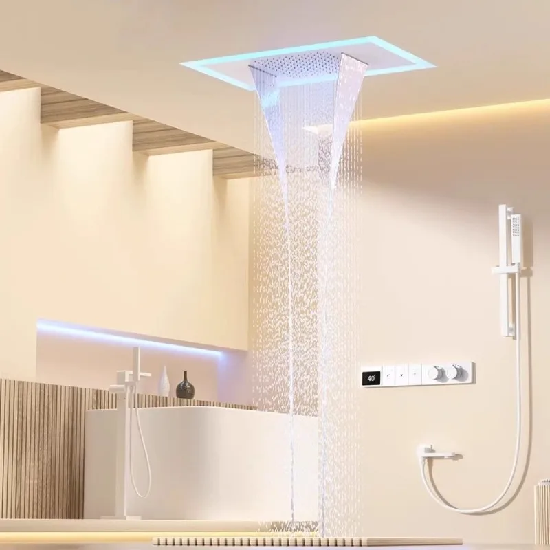 Waterfall concealed wall shower white gun gray intelligent constant temperature digital display all copper embedded