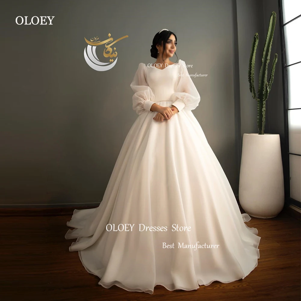 OLOEY 2024 Modest A Line Silk Organza Wedding Dresses Simple Puff Long Sleeves V Neck Sweep Train Bridal Gowns Corset Back