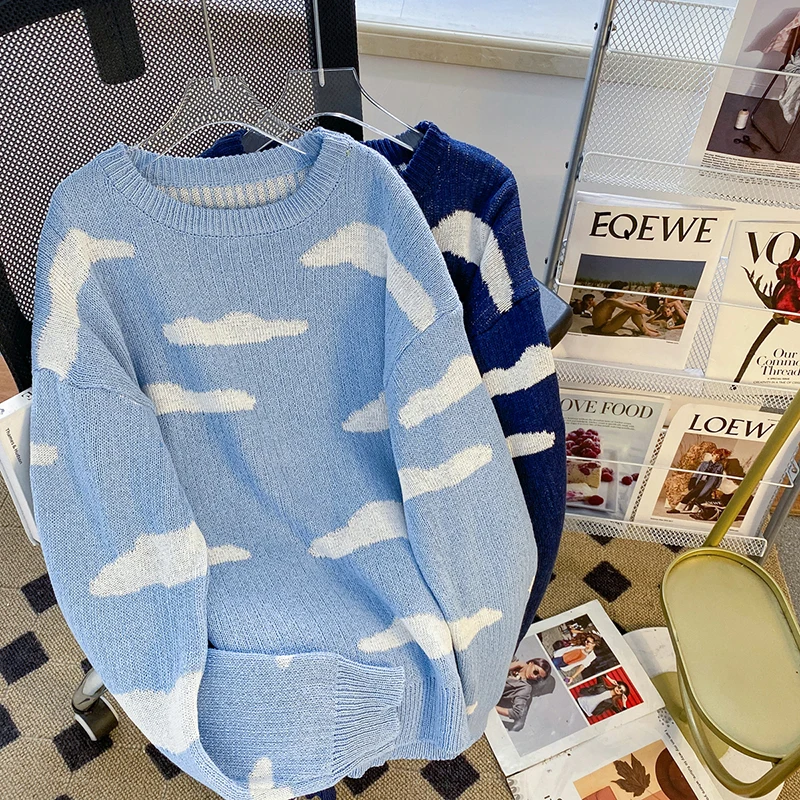 Suéteres estampados preguiçosos para homens, suéteres de manga comprida, roupas de casal tricotadas simples Harajuku, moda azul marinho, Japão