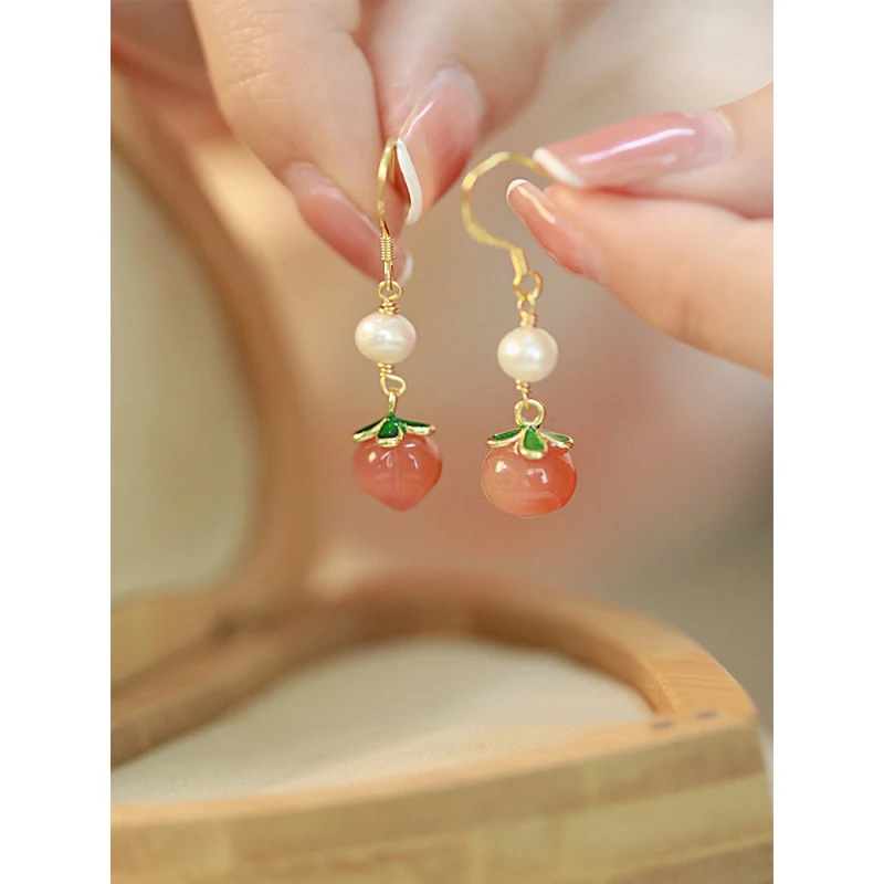 Jade Gem Hook Earrings Unique Girl's Gift Jewelry Natural Red Agate Peach Earrings With Niche dDsign Cute Pearl Earrings Trendy