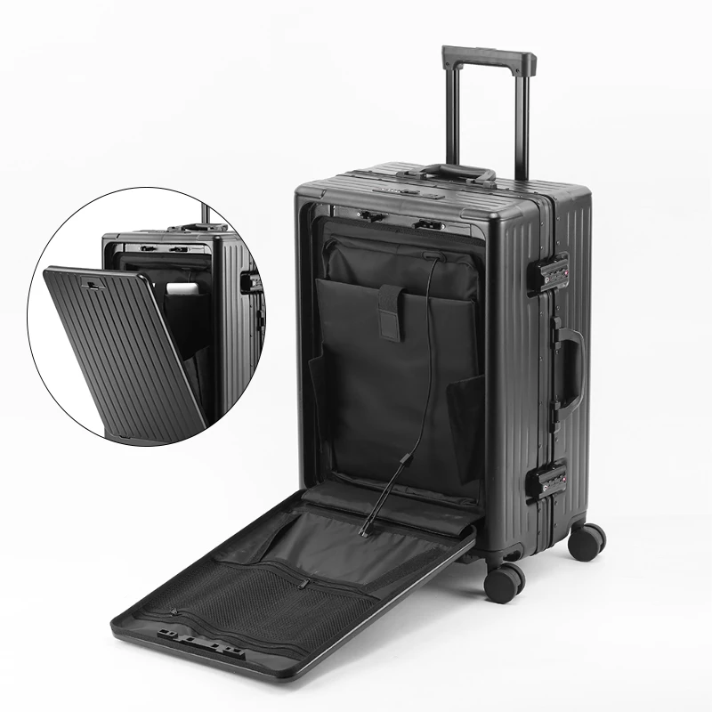 Aluminum Alloy Frame Suitcase, Carry-On Trolley Case, Independent Front Compartment Multi-Functional Suitcase, 20, 24 Inches