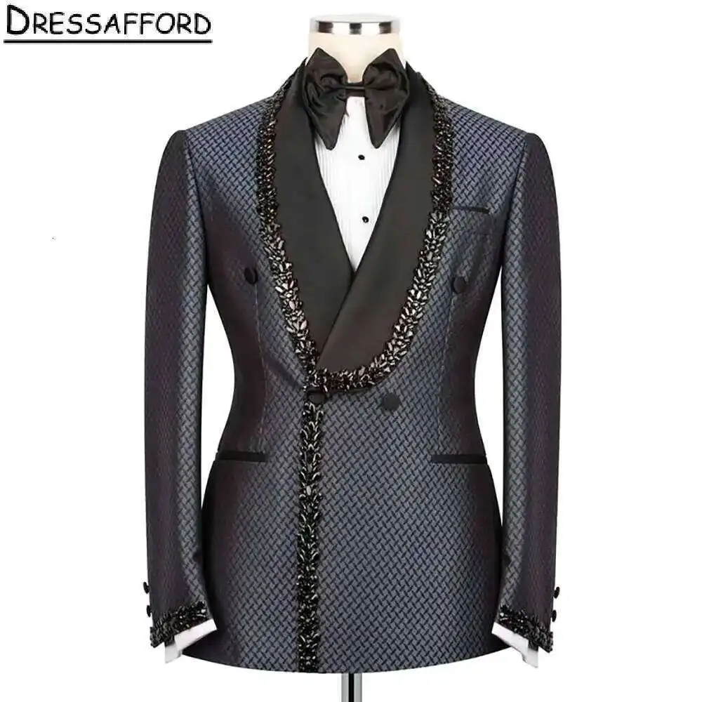 Black Checked Jacquard Men Suits Two Pieces Beading Crystal Evening Party Blazer Groom Wear Jacket + Pants