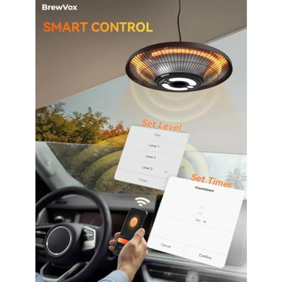 Carbon Infrared Outdoor Patio Hanging Heater with LED Night Light Smart App-Controlled Remote On/Off 24H Timer for Living Room
