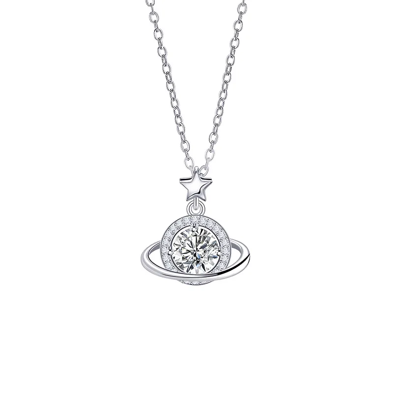 925 Sterling Silver Crystal Cosmic Planets Clavicle Chain Necklace Pendant For Women Wedding Jewelry Gift Collar New in Necklace