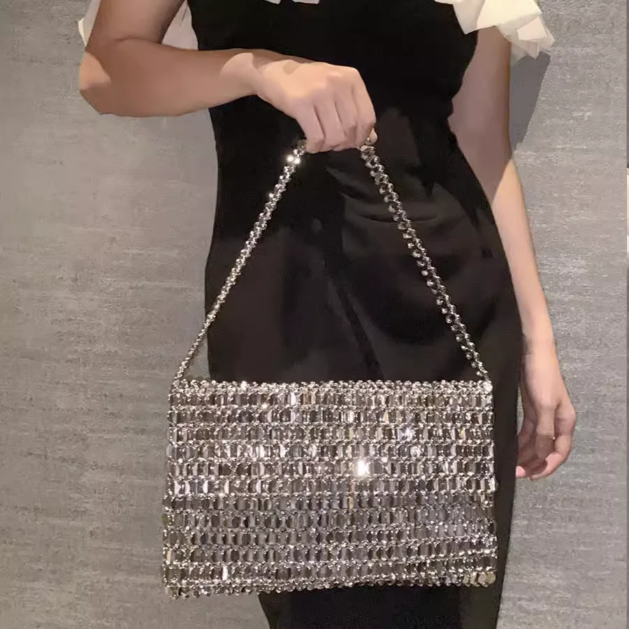 

Shiny Metal Hand-Woven Handbag Exquisite Silver Sequin Banquet Bag Temperament Luxury Beaded Armpit Bag Flap Pocket Shoulder Bag