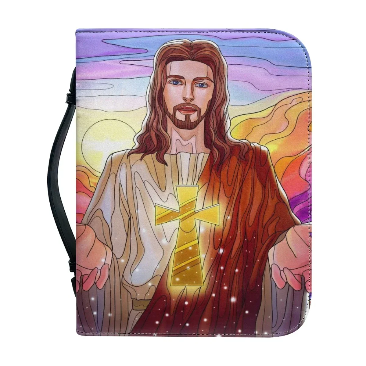

God Jesus Print Leather Handbags for Women Zippered Handle Bible Cover Case Practical Study Book Holy Storage Boxes Bible Bag